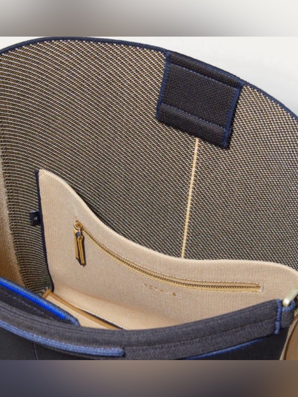 Rothy's Large Bucket Tote - Navy/Black, Tan, Gold Hardware - Picture 6 of 16